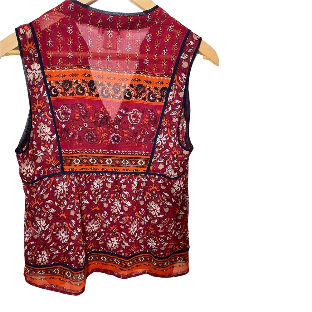 LUCKY BRAND BOHO FLORAL V-NECK RED ORANGE SLEEVELESS SHEER BLOUSE SIZE SMALL - Picture 7 of 16